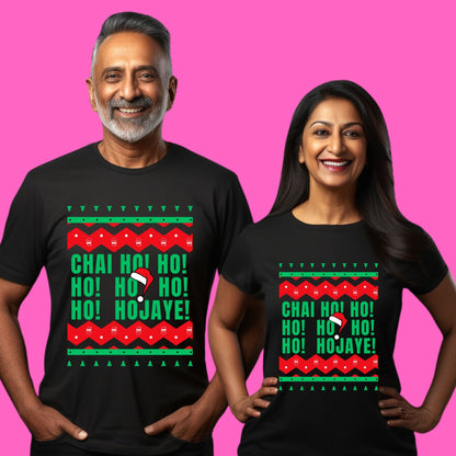 Funny Punjabi Christmas T-Shirt Chai Ho Ho Ho Jaye Ugly Sweater Style Tee Indian Pakistani South Asian Christmas Shirt Black