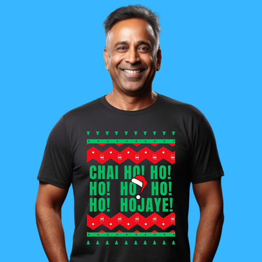 Funny Punjabi Christmas T-Shirt Chai Ho Ho Ho Jaye Ugly Sweater Style Tee Indian Pakistani South Asian Christmas Shirt Black