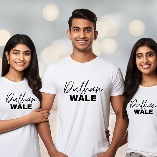 "Indian bride and groom tribe shirts" "Pakistani Dulhan Walay tee" "Punjabi Dulha Walay shirt" "South Asian wedding crew attire" "Customized bride and groom tribe t-shirts"