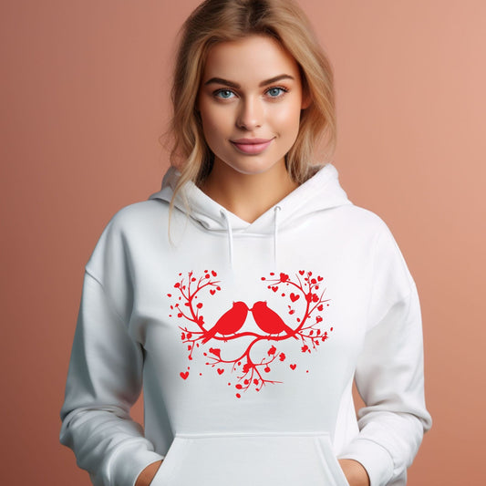 Romantic Valentine's Hoodie - Love Birds Design Cozy Heart Tree Sweatshirt - Couples' Wear Love-Themed Apparel - Romantic Bird Pattern Valentine's Day Jumper - Heart-Shaped Tree Design Nature-Inspired Hoodie - Romantic Couple's Wear