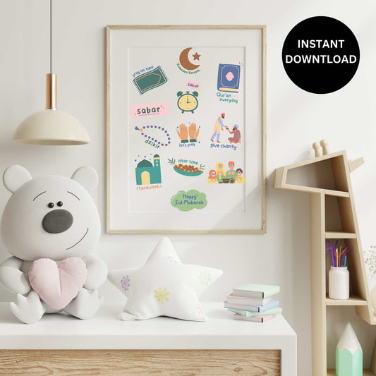 Vibrant Islamic calendar wall hanging for kids Colorful Eid celebration educational decor Child-friendly Ramadan learning tool Festive digital download for children Interactive Islamic culture visual aid