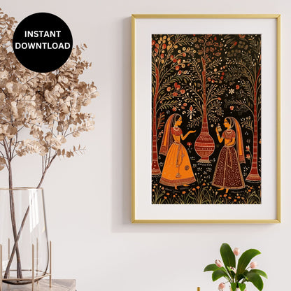 Indian Folk Art Instant Download, South Asian Art Print, Rajasthani Wall Art, Modern Indian Digital Art, Indian Traditional Women Art, Rare