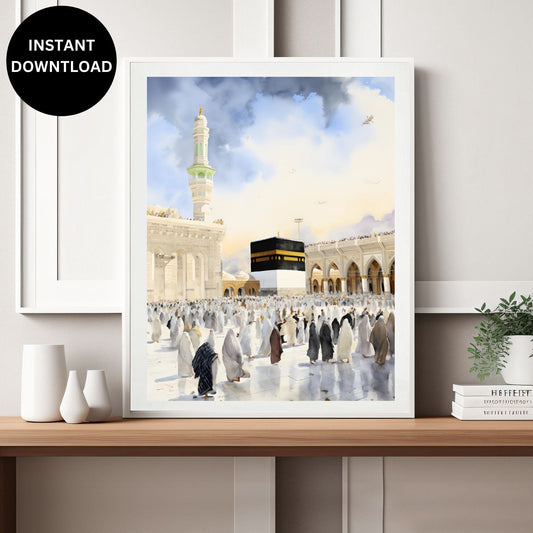 Serene KAABA Watercolor with enchanting hues. Tranquil and ethereal watercolor KAABA sanctuary. Instant download for peaceful wall art. Enchanting waters in digital form, ready to grace your space. KAABA watercolor vibes.