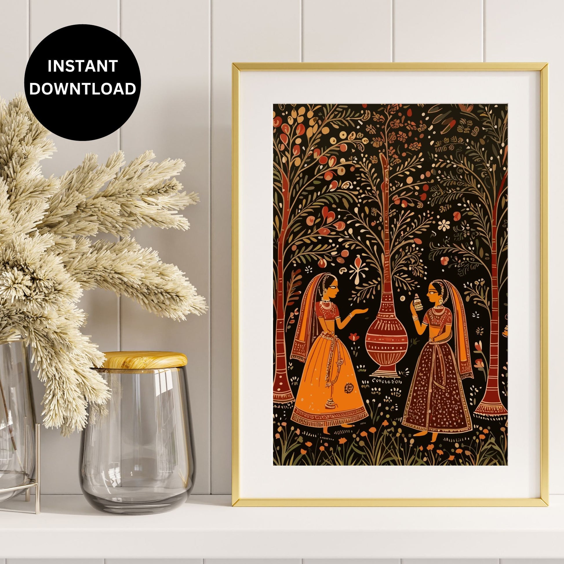 Indian Folk Art Instant Download, South Asian Art Print, Rajasthani Wall Art, Modern Indian Digital Art, Indian Traditional Women Art, Rare