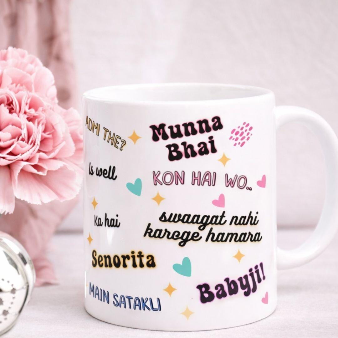 Bollywood dialogues mug showing iconic Hindi film quotes on a ceramic cup — Artkins