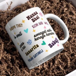 Close-up of bold printed filmi lines on the Artkins Bollywood dialogues ceramic mug