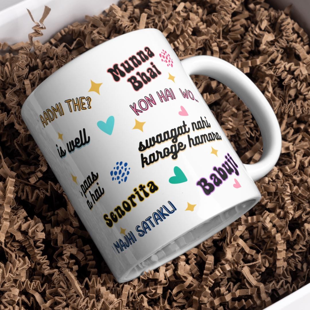 Close-up of bold printed filmi lines on the Artkins Bollywood dialogues ceramic mug