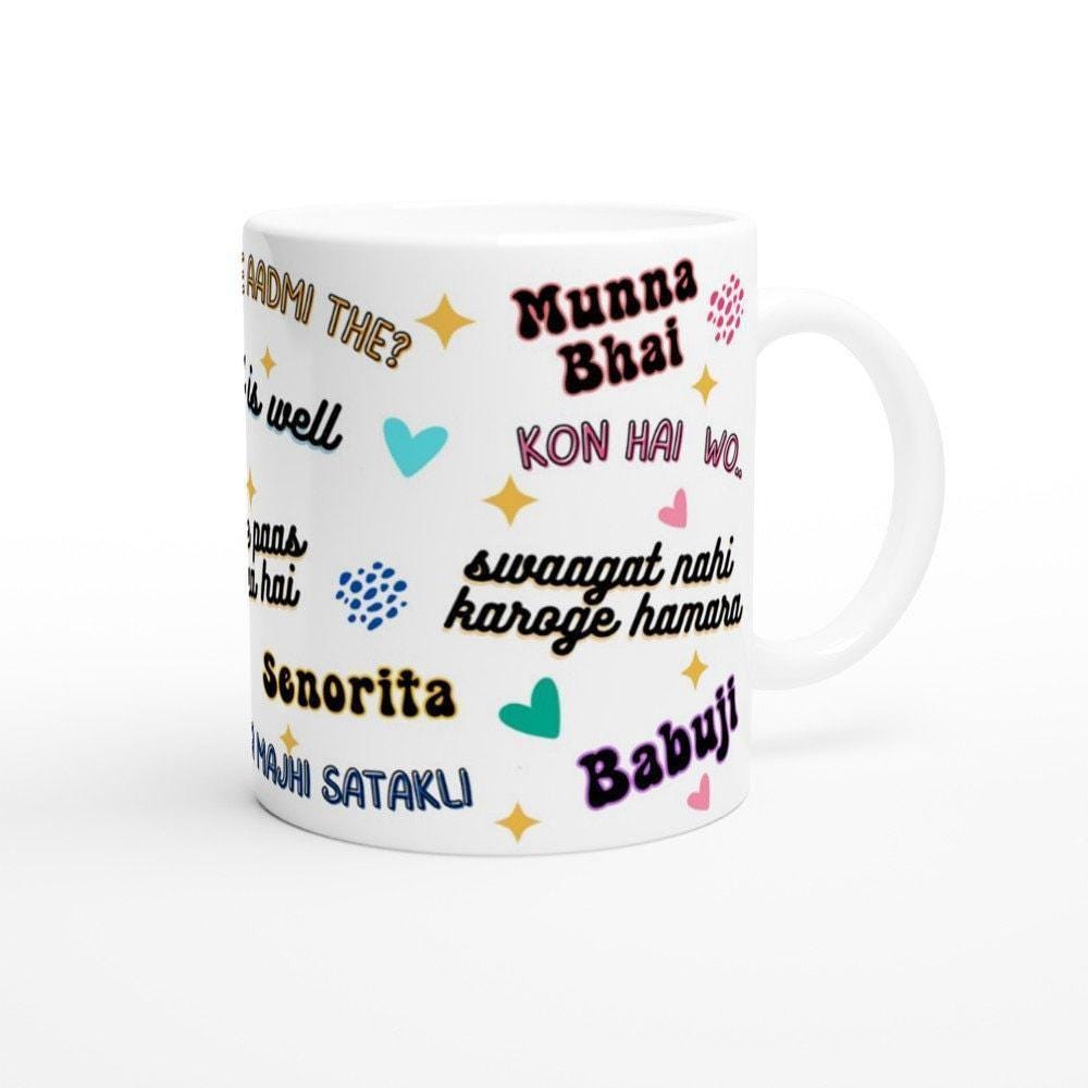 Artkins Bollywood mug displaying classic Hindi cinema one-liners in a desi-inspired layout
