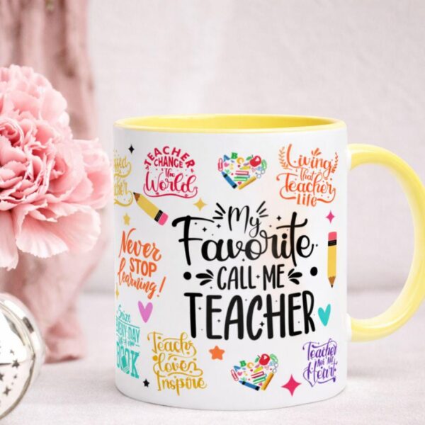 Artkins ceramic teacher mug with educator-themed print design on white background