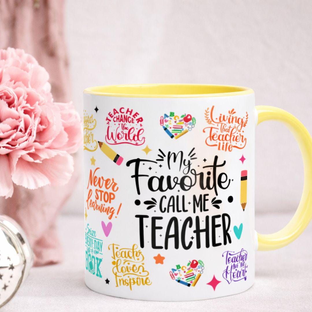Artkins ceramic teacher mug with educator-themed print design on white background