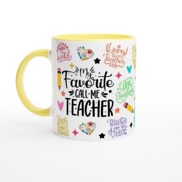 Front view of Artkins ceramic teacher mug showing full graphic design