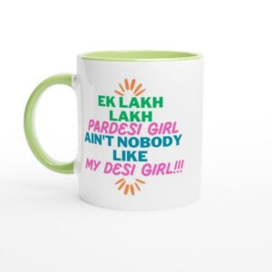 Side view of Artkins desi girl mug showing full print detail