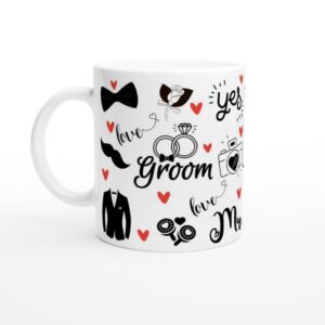Groom's mug from Artkins styled with chai for a wedding morning flat lay