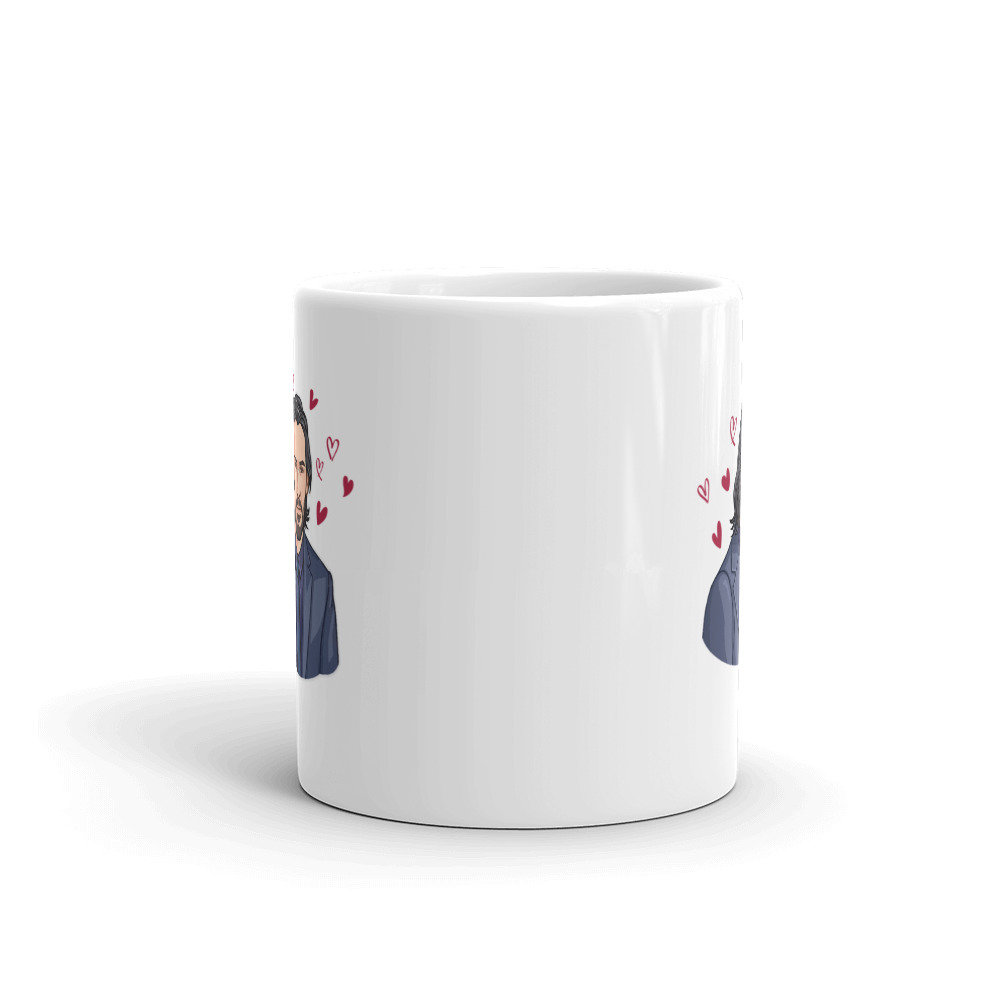 Keanu mug styled on desk with coffee, 11 oz white ceramic