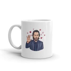Side view of Keanu Reeves mug showing two-sided print