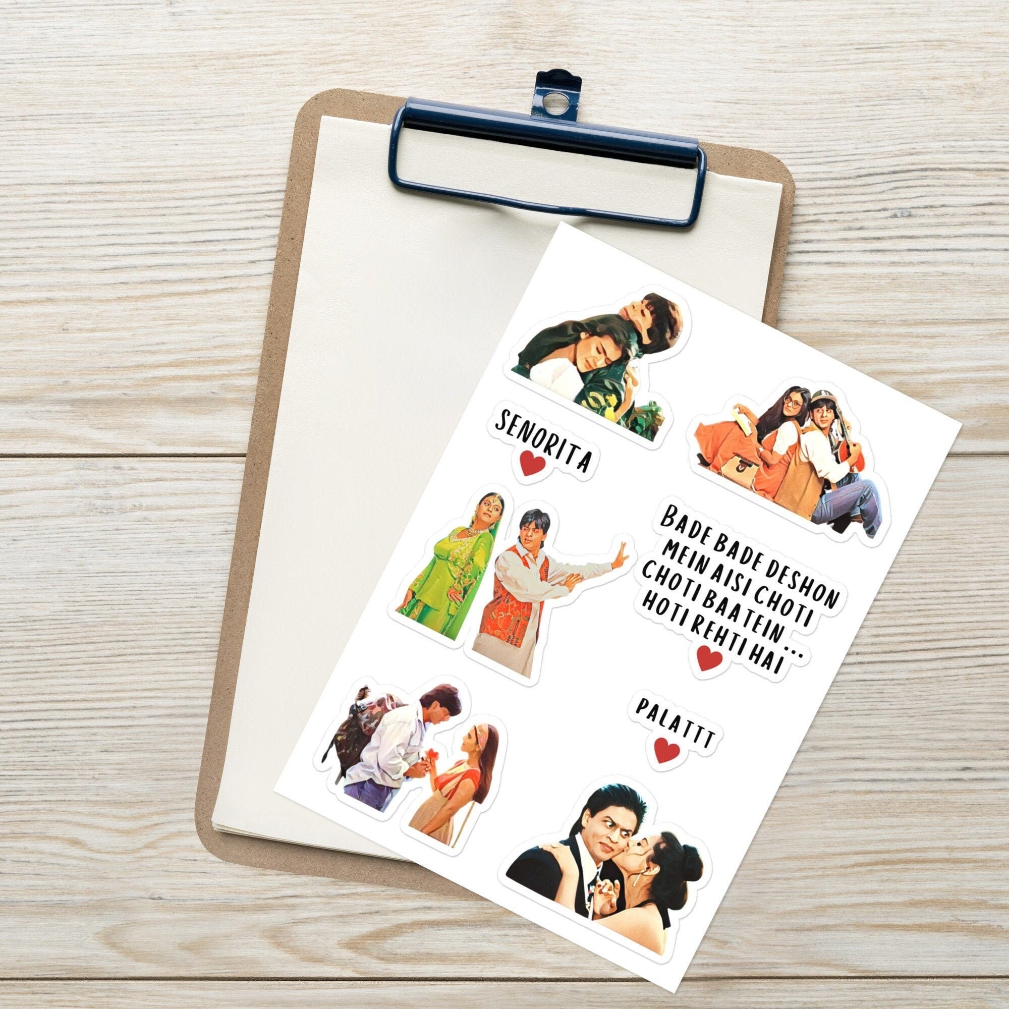 Bollywood DDLJ sticker pack with SRK and Kajol designs on glossy vinyl