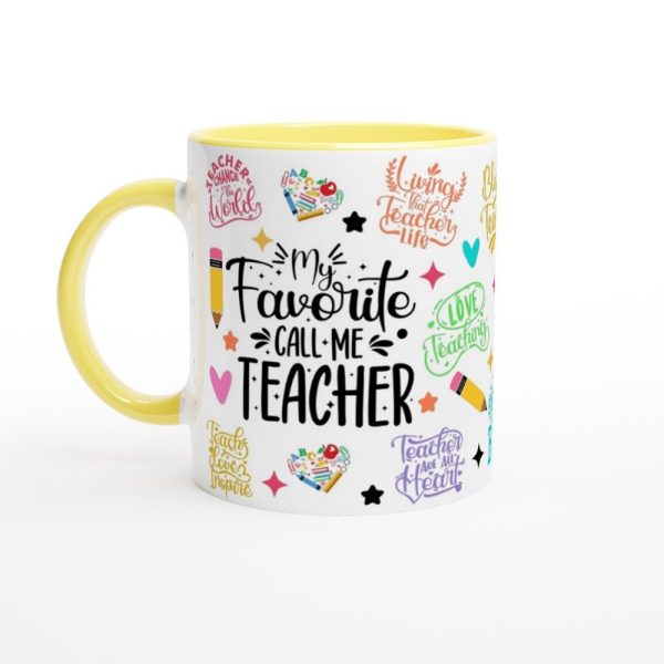 Teacher appreciation mug, yellow accent, glossy ceramic for preschool staff