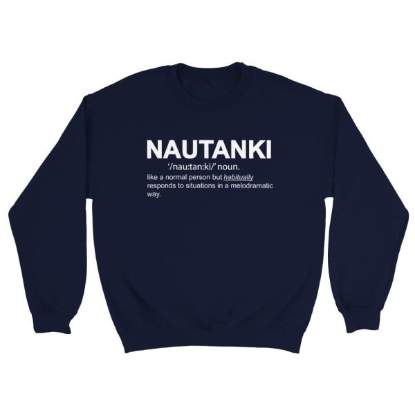 Close-up of Nautanki definition graphic on crewneck fleece