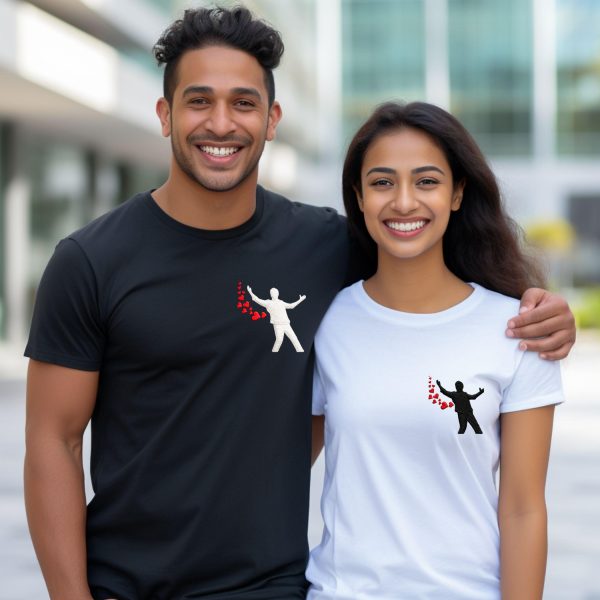 Close-up of embroidery stitches on SRK romance design, black tee