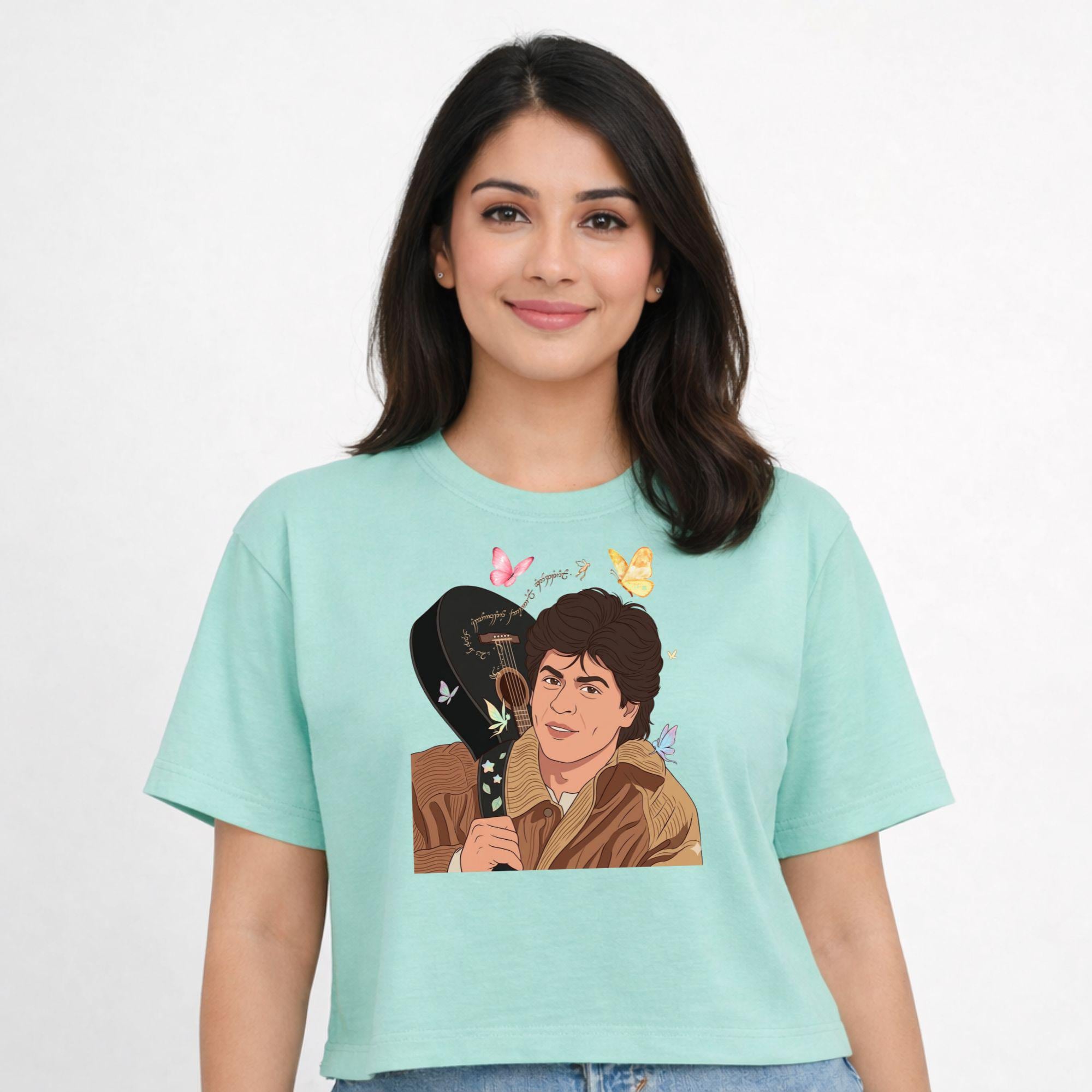 Close-up of the DDLJ guitar pose tee print with butterflies