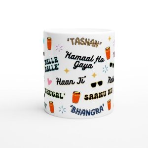 Punjabi quote mug styled as a desi friend gift with biscuits
