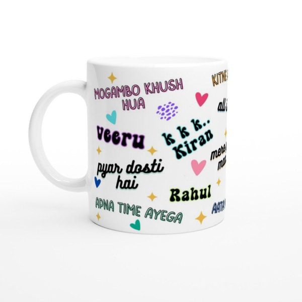 Close-up of bright Bollywood dialogue collage on 11 oz mug