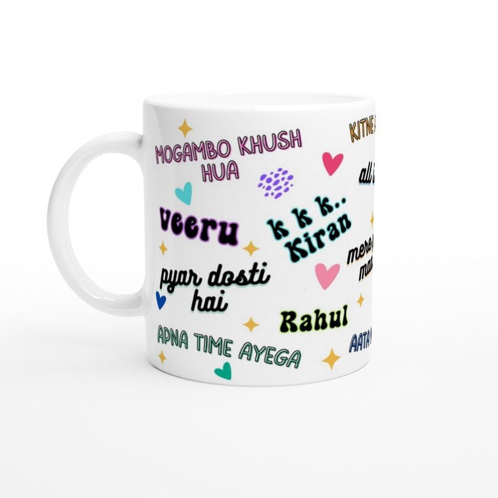 Close-up of bright Bollywood dialogue collage on 11 oz mug