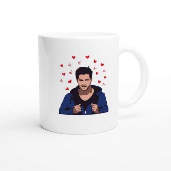 Handle view of Varun Dhawan merchandise mug, dishwasher safe
