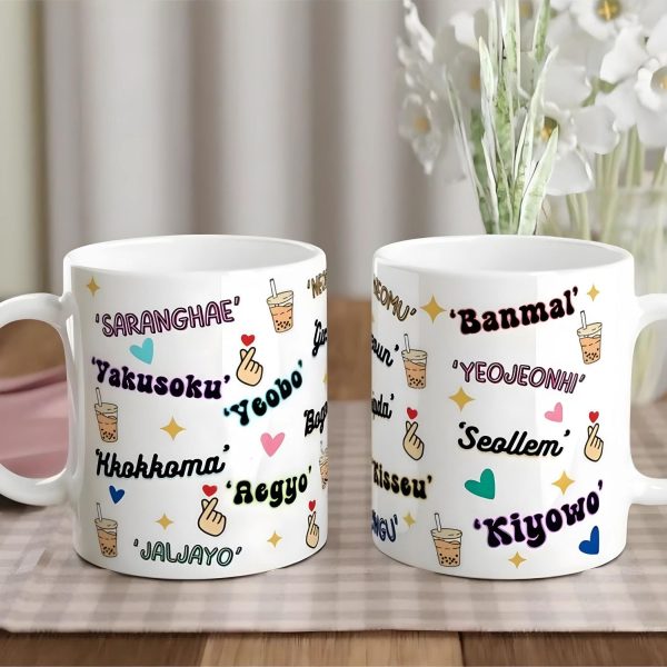 K-Drama finger heart mug with Korean lettering, 11 oz ceramic