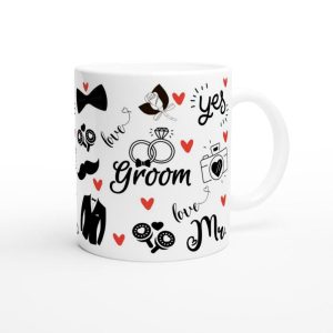 Close-up of groom to be mug artwork, wedding week coffee cup