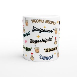 Close-up of Korean lettering on 11 oz dishwasher-safe ceramic