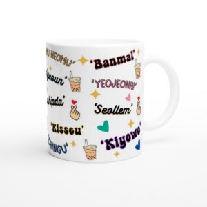 Korean drama mug held in hand, styled with cozy background