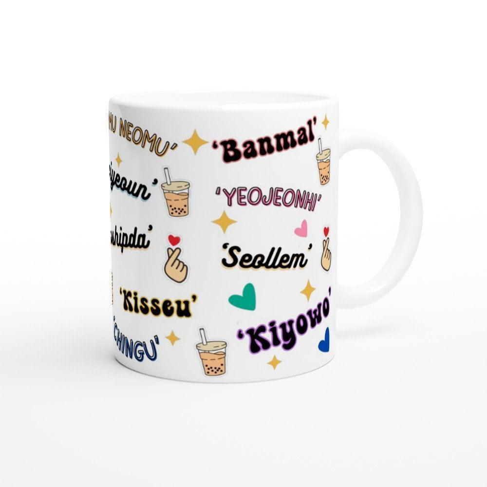 Korean drama mug held in hand, styled with cozy background
