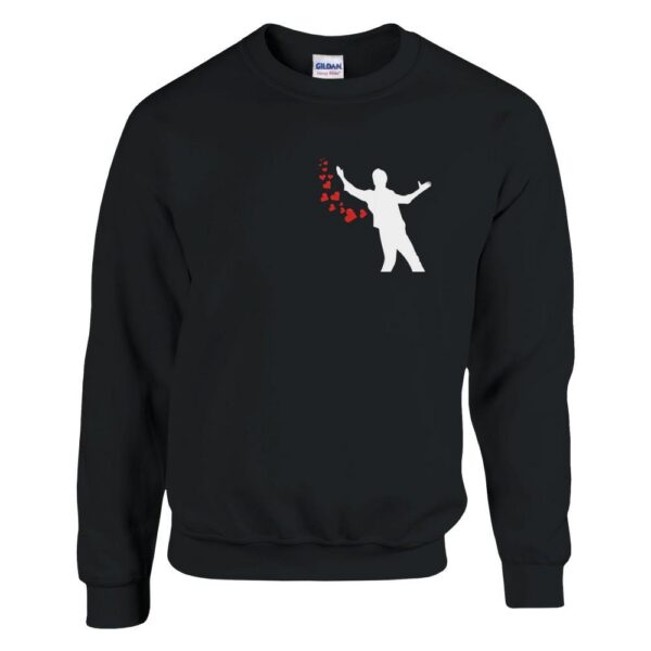 White unisex Bollywood sweatshirt showing SRK open-arms silhouette design by Artkins