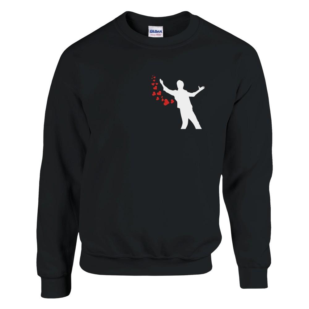 White unisex Bollywood sweatshirt showing SRK open-arms silhouette design by Artkins
