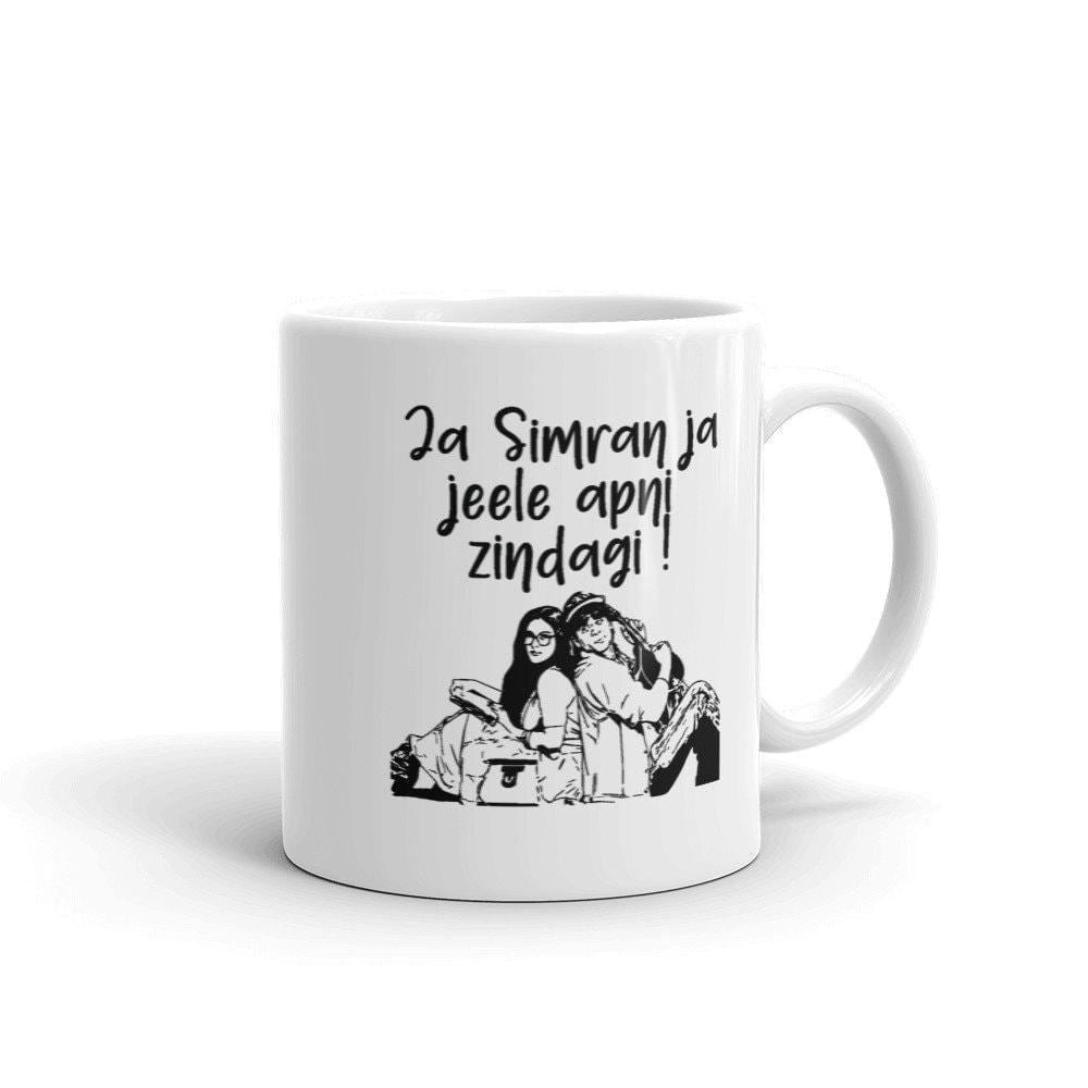 DDLJ mug styled as desi couple gift, Bollywood fan art by Artkins