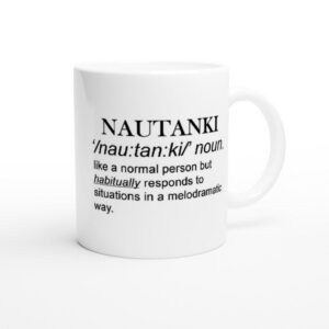 Nautanki mug angled view showing glossy white finish and two-sided print detail