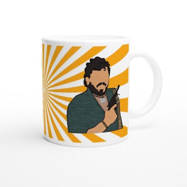 Sholay-inspired retro Bollywood mug on table, Artkins Gabbar Singh ceramic cup