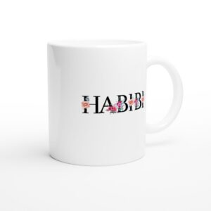 Side view of habibi floral ceramic mug showing full wrap-around calligraphy design