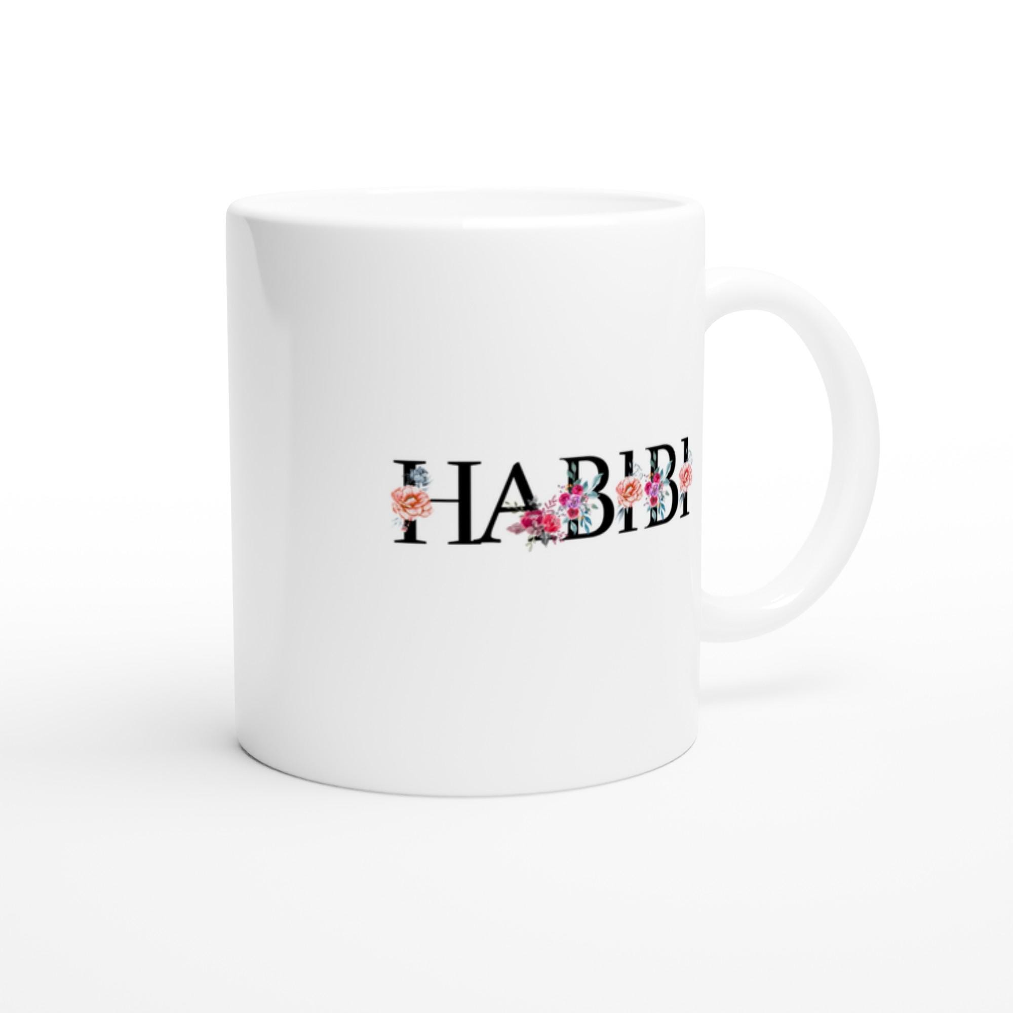 Side view of habibi floral ceramic mug showing full wrap-around calligraphy design