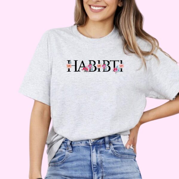 Habibti tee styled for modest fashion, layered look with long sleeves underneath