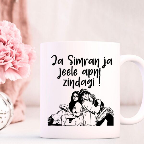 DDLJ mug with Raj and Simran Bollywood design on white ceramic, front view