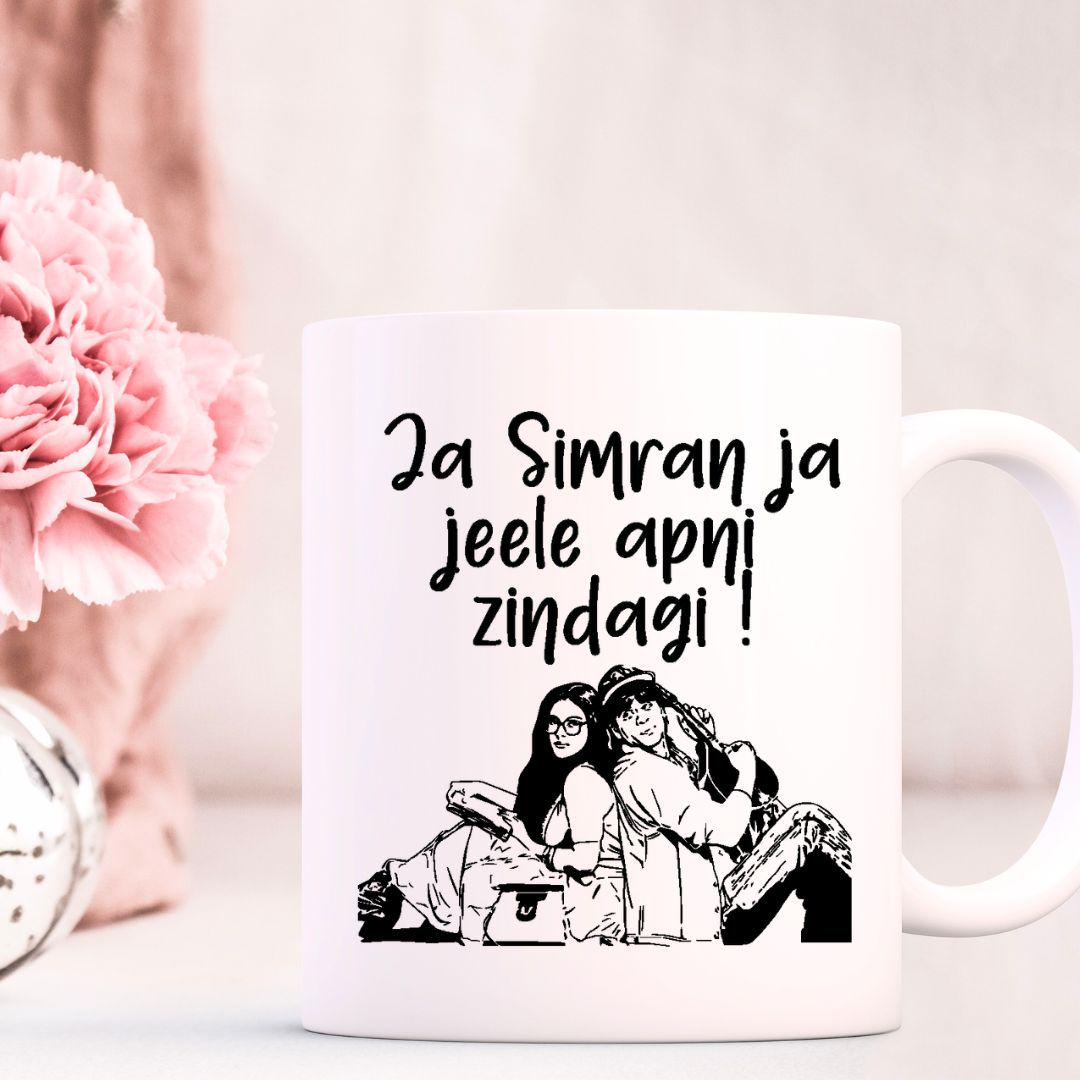 DDLJ mug with Raj and Simran Bollywood design on white ceramic, front view