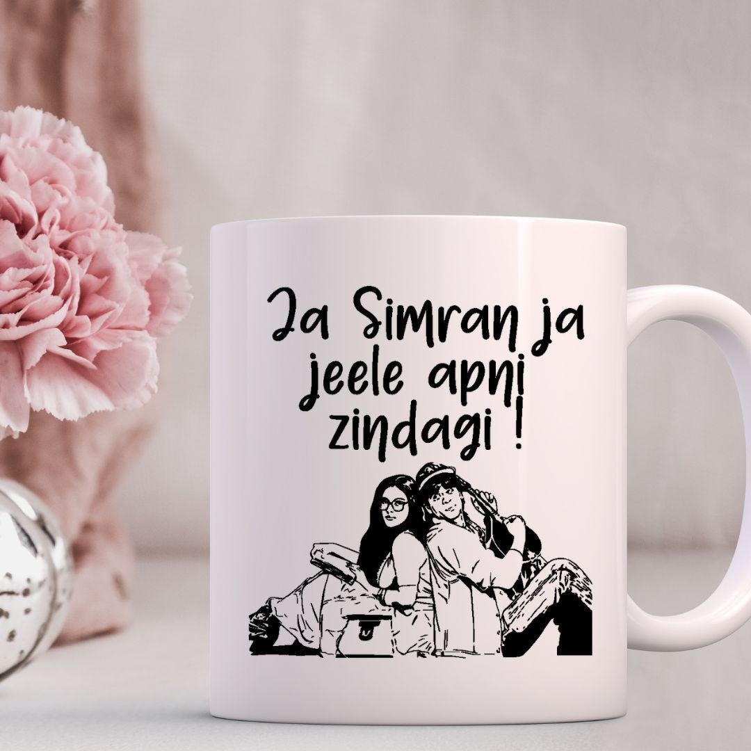 DDLJ mug side two showing romantic couple artwork inspired by Dilwale Dulhania Le Jayenge