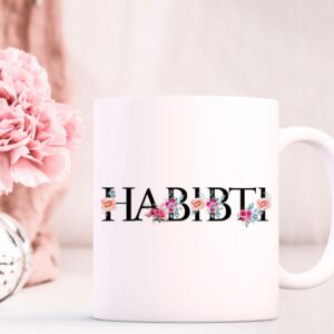 Habibti Arabic mug with floral calligraphy design on glossy white ceramic and colored handle