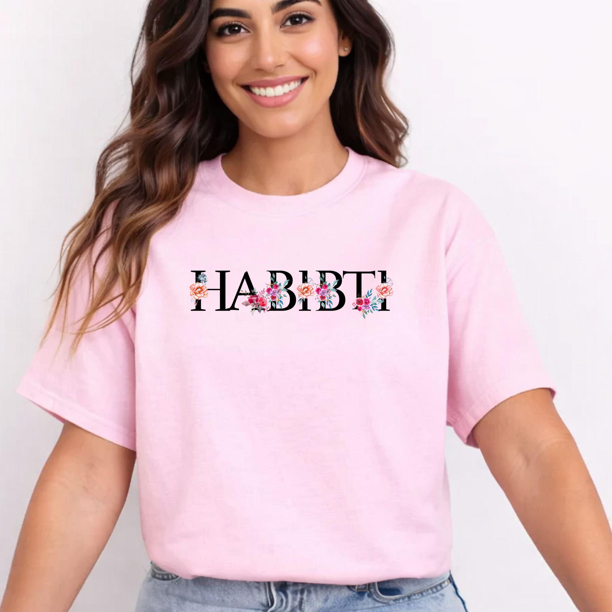 Habibti Arabic t-shirt with floral calligraphy lettering, women
