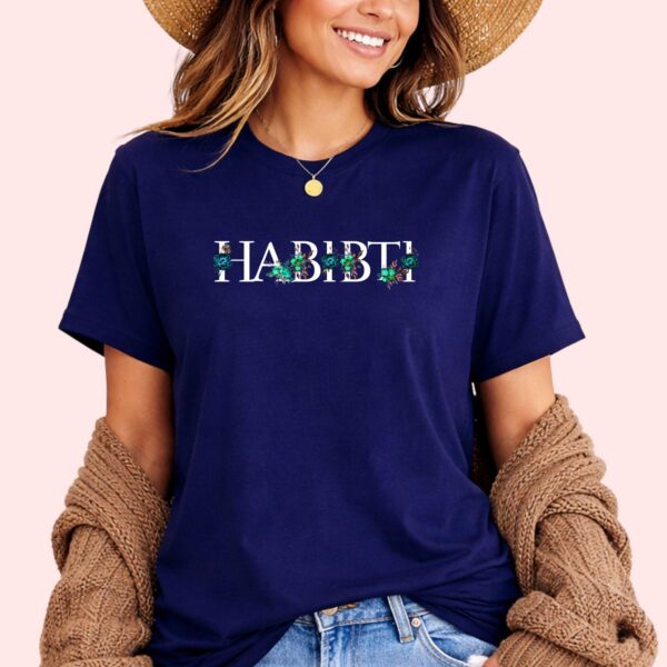 Flat lay of Habibti Arabic t-shirt, ideal EID gift for Muslim women