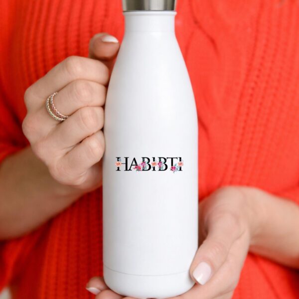 Close-up of Habibti Arabic script and floral print on insulated stainless steel water bottle by Artkins
