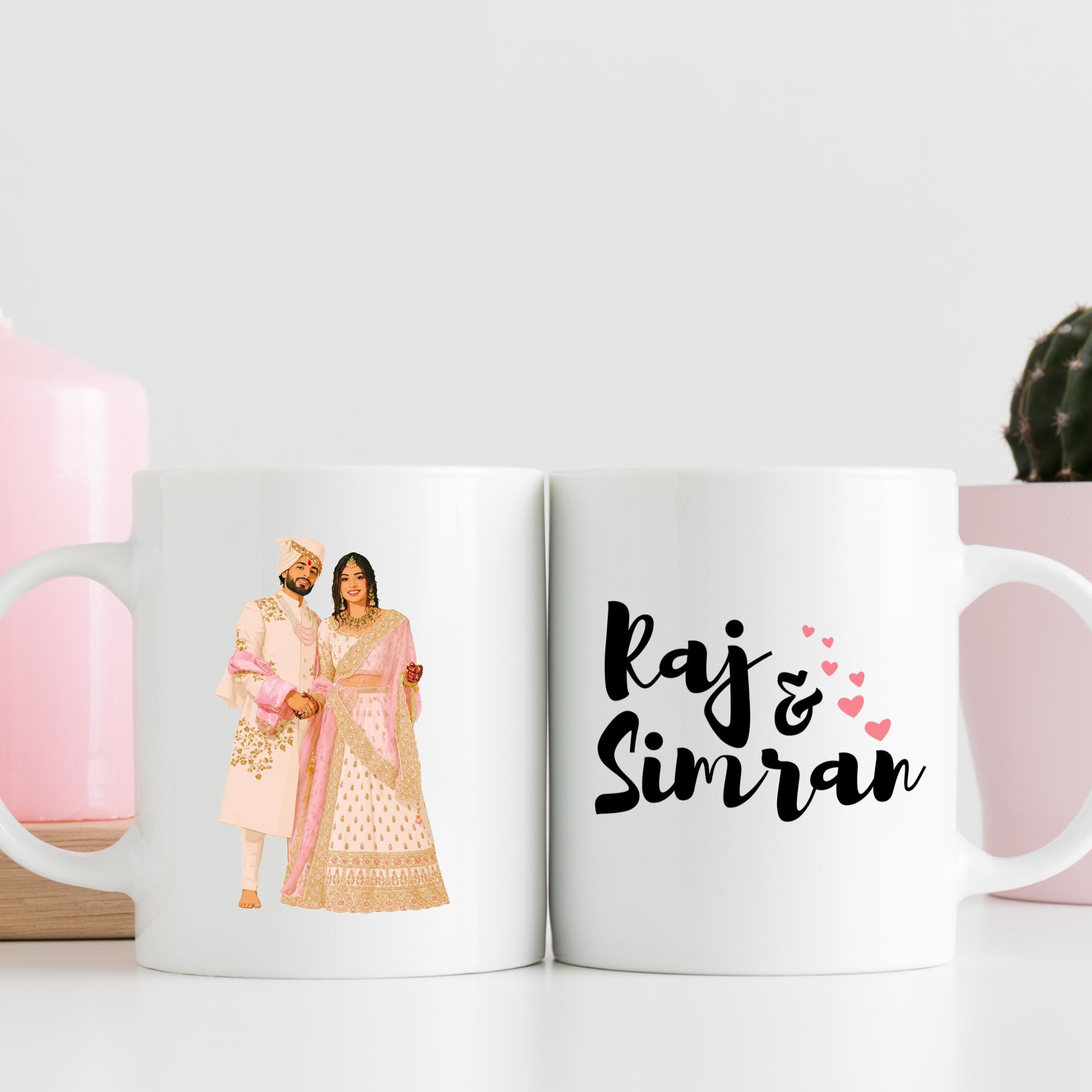 Personalized dulhan mug showing bridal lehenga and sherwani illustration, Artkins design