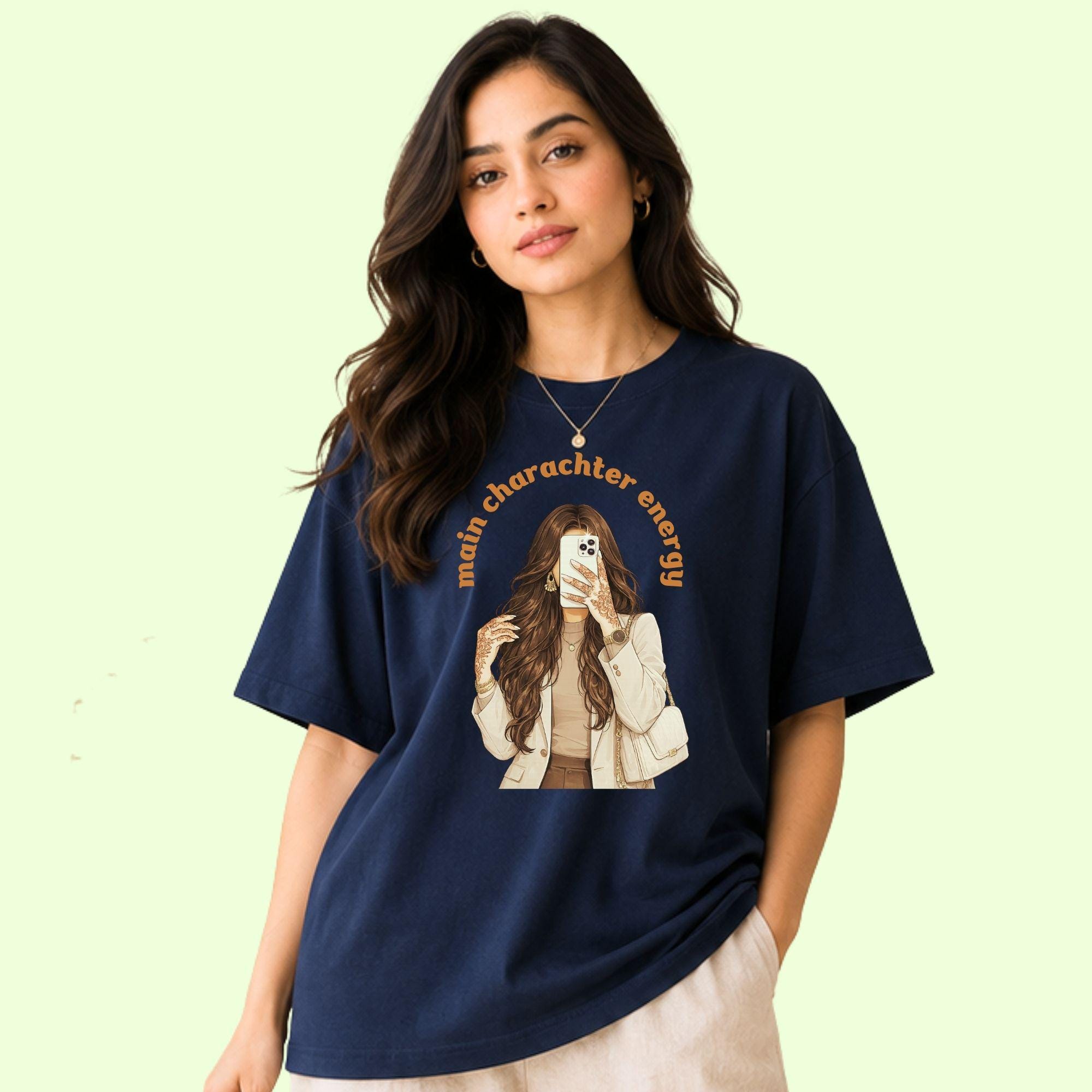 Close-up of bold graphic print on brown girl main character tee, retro illustrated woman in shades